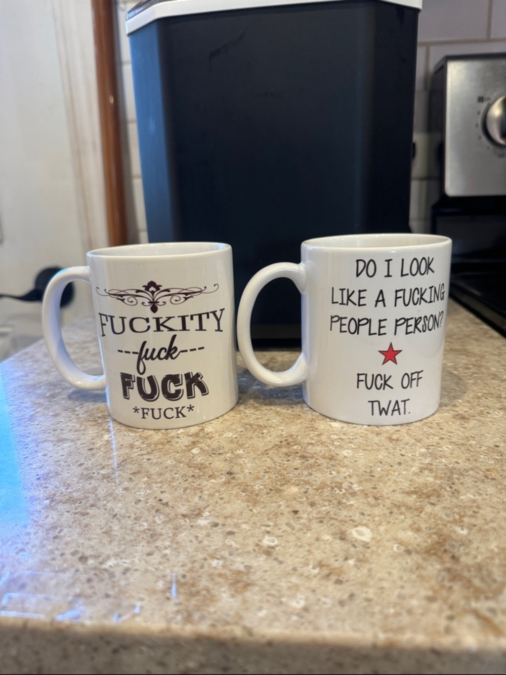 White Ceramic Novelty Coffee Mug with Black and Red Typography - Unknown Brand